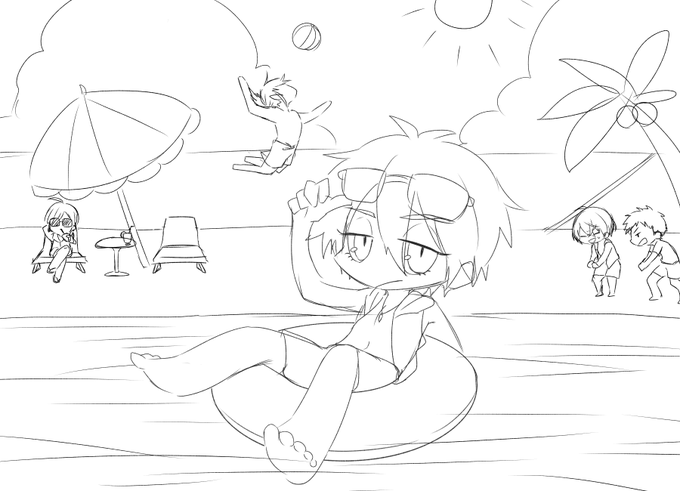 依頼でV関連じゃない夏のイラスト描いてたんだけど、昨年の夏に「いや、🎤はこんなスタイリッシュに海に浮かばないな…」とボツにしたラフの存在を思い出しました。せっかくなので載せときます。 