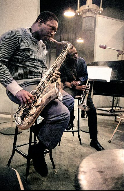dan_bst's tweet image. John Coltrane and Miles Davis during a recording session at Columbia Records (1958) ...