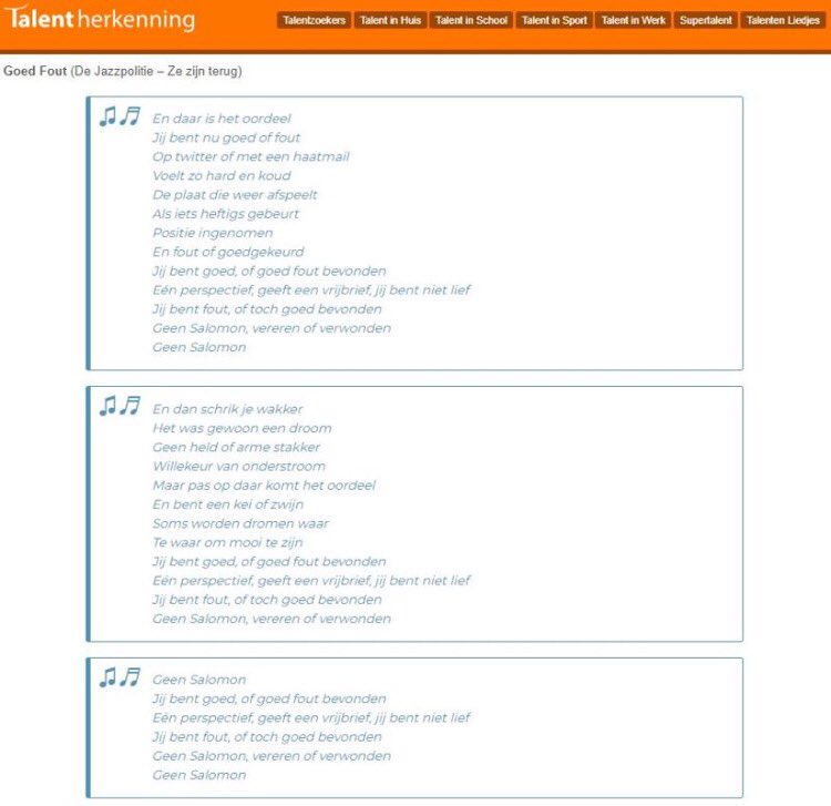 In de afgelopen dagen kwam het liedje 'Ze zijn terug' van De Jazzpolitie regelmatig in mijn gedachten op. youtu.be/65XRdbyACP0
Al vlot volgde ook deze tekst.
talentherkenning.nl