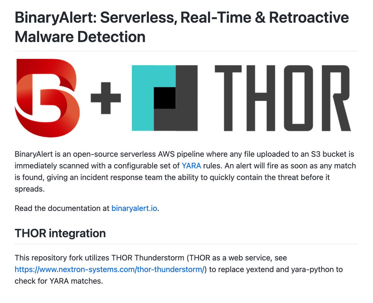 Our partner @aDolus_Inc has provided a pull request for a lesser known but nice side project of ours

We've combined AirBnB's BinaryAlert with THOR Thunderstorm to scan a huge numbers of files/s in S3 buckets

https://t.co/KktVeeoMUR https://t.co/8imMgWO0Oj