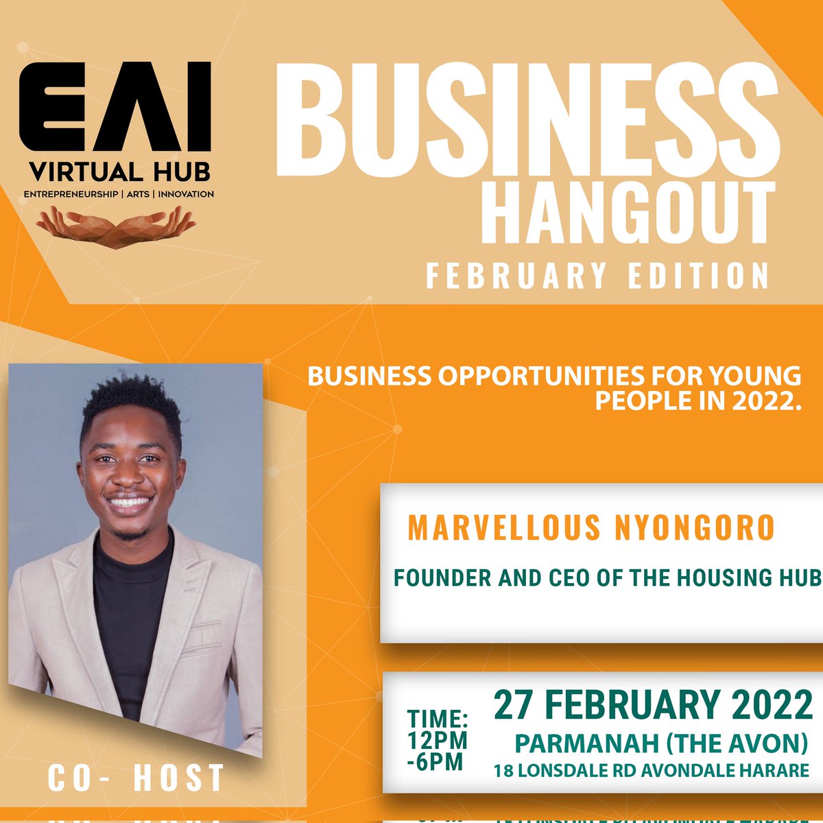 EAIHubZim's tweet photo. Marvellous Nyongoro is 24-year-old entrepreneur. He is the Founder and Chief Executive Offer of The Housing Hub, the largest online student accommodation market in Zimbabwe. He is also a public speaker and commercial ads presenter. https://t.co/44yPl4rboy 
@marvenyongoro https://t.co/0lRHk48Ivz