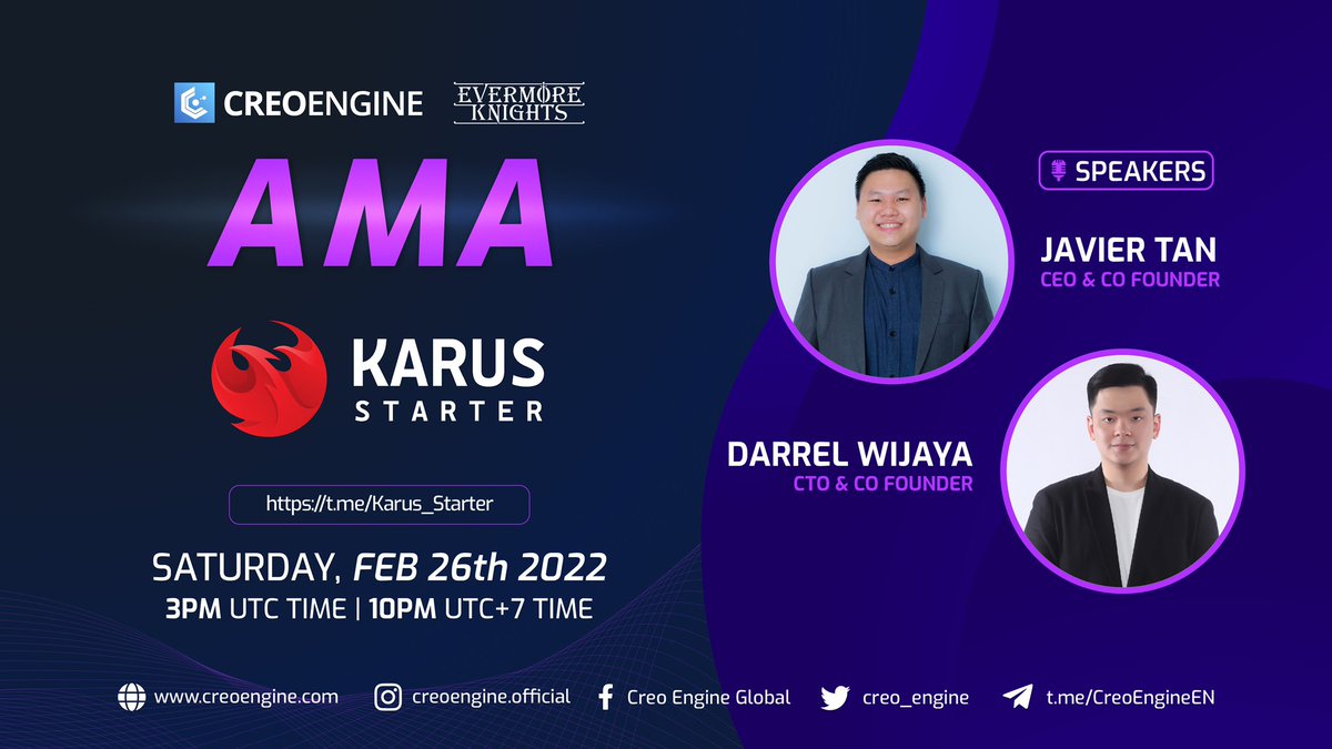 LIVE AMA with <a href="/KarusStarter/">Karus Starter</a> Tonight! ⚠️

🗓 : 26th Feb 2022
⏰ : 3 PM UTC (10 PM UTC+7)
📍 : t.me/Karus_Starter

$100 REWARDS for Lucky Winners! 💰

See you there and DON'T MISS it! 🔥🚀

#LIVEAMA #CreoEngine #KarusStarter #NFTtalk #RPG #EvermoreKnights