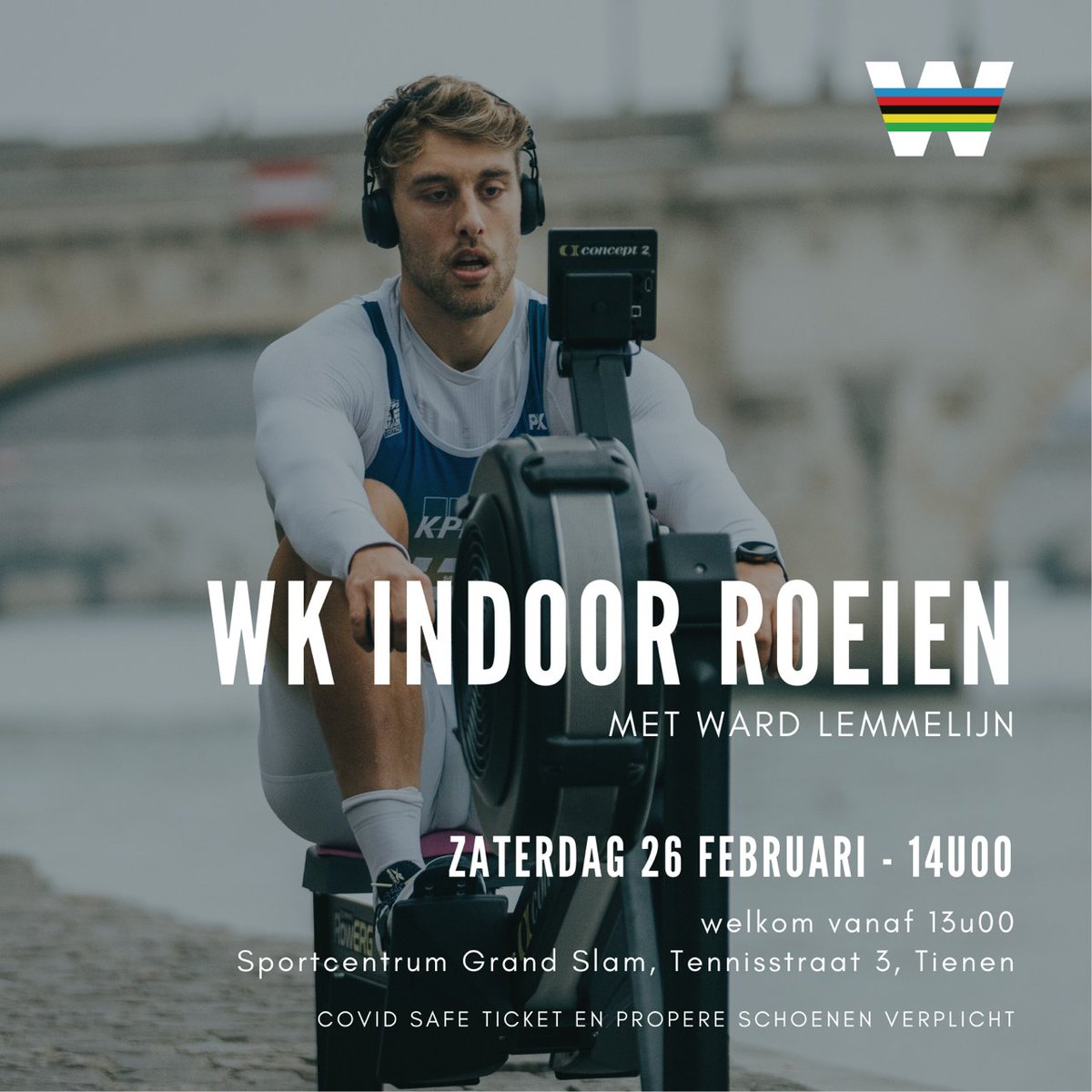 Vandaag verdedigt Ward Lemmelijn zijn titel op het Wereldkampioenschap Indoor Roeien 🏆 Door Corona kan je het event volgen of je kan Ward naar de overwinning schreeuwen in de sporthal van Tienen. Succes champion! 💪🏼