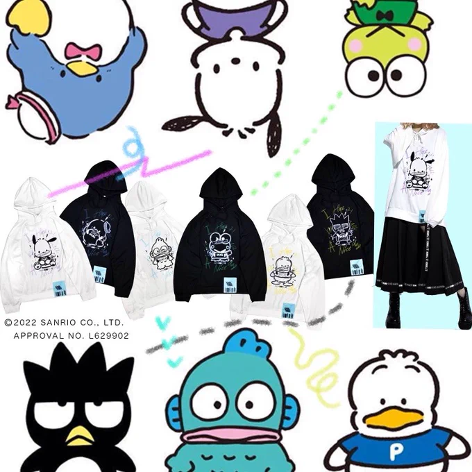 けろっぴ「KINGLYMASKさんとのコラボパーカー、第2弾だよ!」 
ハンギョドン「…今回のも?」
ばつ丸「かっこかわいい!」
ポチャッコ「ユニセックス!」
タキシードサム「check it out(チェケラ)!」
ペックル「チェケラー!」
https://t.co/0GyBwYa4Tf
#はぴだんぶい 
