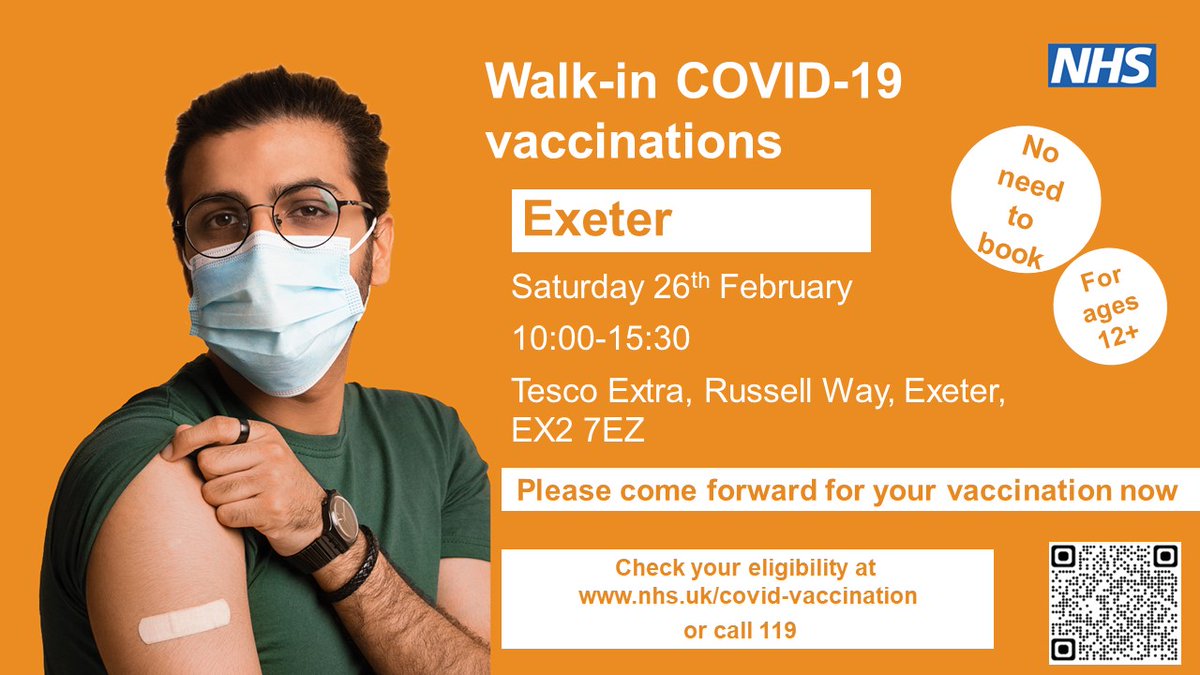 Today (Saturday 26 February), we're offering walk-in COVID-19 vaccinations at the Exeter Tesco Extra, 10am to 3.30pm.

If you haven't had your vaccination yet, please come along. There's no need to book.