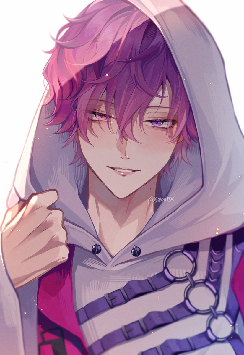 1boy male focus hood purple eyes solo hood up looking at viewer  illustration images