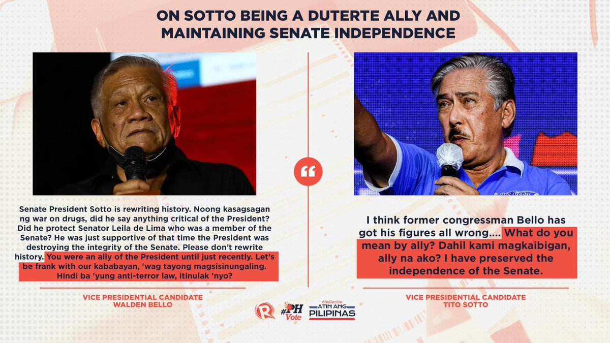 rapplerdotcom's tweet photo. Vice presidential candidate Tito Sotto’s narrative during the #CNNPHVPDebates was clear: he was a veteran public servant who played key roles in dealing with pandemic, China, and other crises.
Then came Walden Bello: “Stop rewriting history.” #CNNPHVPDebate #PHVote #WeDecide https://t.co/8sR8qj0VWU
