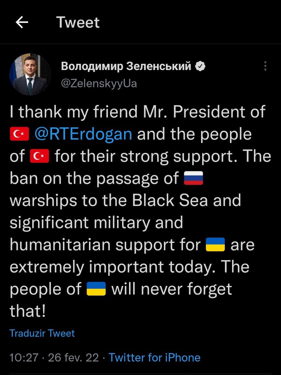 President #Zelensky thank President of #Turkey #Erdogan and the people of #Turkey for their strong support. Ban on the passage of #RussianWarships to the #BlackSea and significant military and #HumanitarianSupport, He Said The people of #Ukraine will never forget that!'