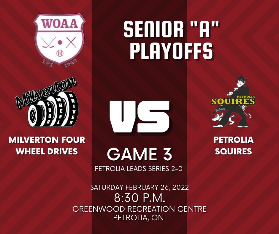 Sr. A semi-finals:
Game 5 - 7:30pm
<a href="/SLCrushers/">ShallowLake Crushers</a> at <a href="/Lancers21_22/">Lucknow Lancers</a> 
Lucknow leads series 3-1

Game 3 - 8:30pm
@4Drives at <a href="/PetroliaSquires/">Petrolia Squires</a>
Petrolia leads series 2-0