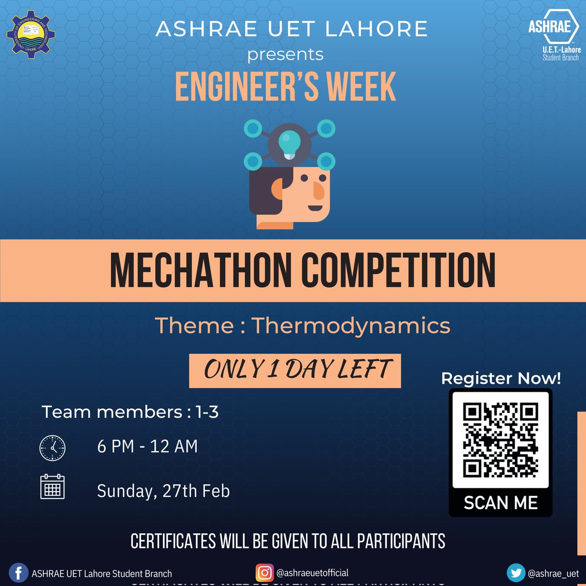 ashraeuetlhr's tweet photo. <<< 1 DAY LEFT >>>
“We cannot solve our problems with the same level of thinking that created them.”
- Albert Einstein
You can register yourself by the following Link 👇
https://t.co/km9UGwNXKO
#MECHATHON
#ENGINEERS_WEEK
#ASHRAE_UET_LHR
#LEAD_EXCEL_EXPLORE https://t.co/jg3vQRkj7S
