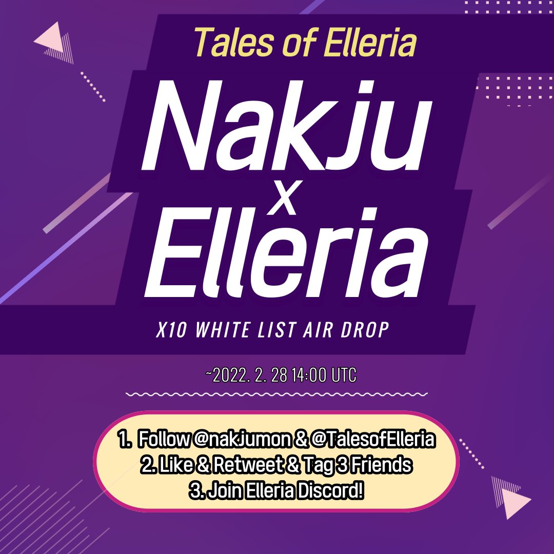 We are giving away x10 <a href="/TalesofElleria/">Tales of Elleria</a> WL spot to our community!
 
1. Follow <a href="/TalesofElleria/">Tales of Elleria</a> &amp; <a href="/nakjumon/">낙주 / Nakju</a>
2. Like &amp; Retweet &amp; Tag 3 Friends
3. Join Discord discord.gg/BmBQaprw (Elleria Discord)

Selecting winners in 48 hours!