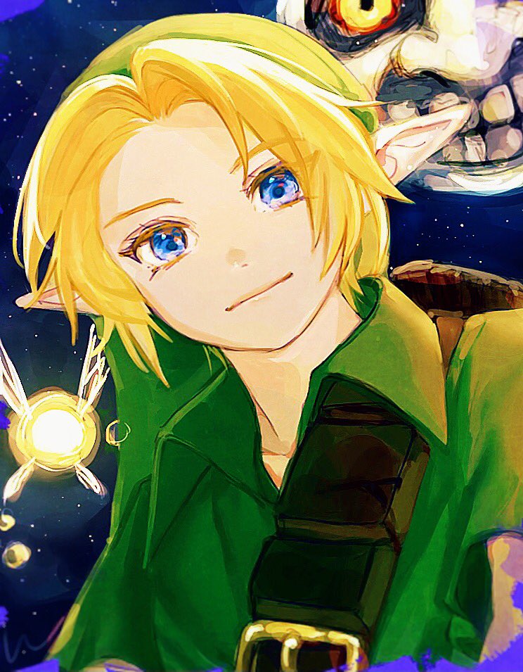 link pointy ears blonde hair 1boy blue eyes green headwear smile male focus  illustration images