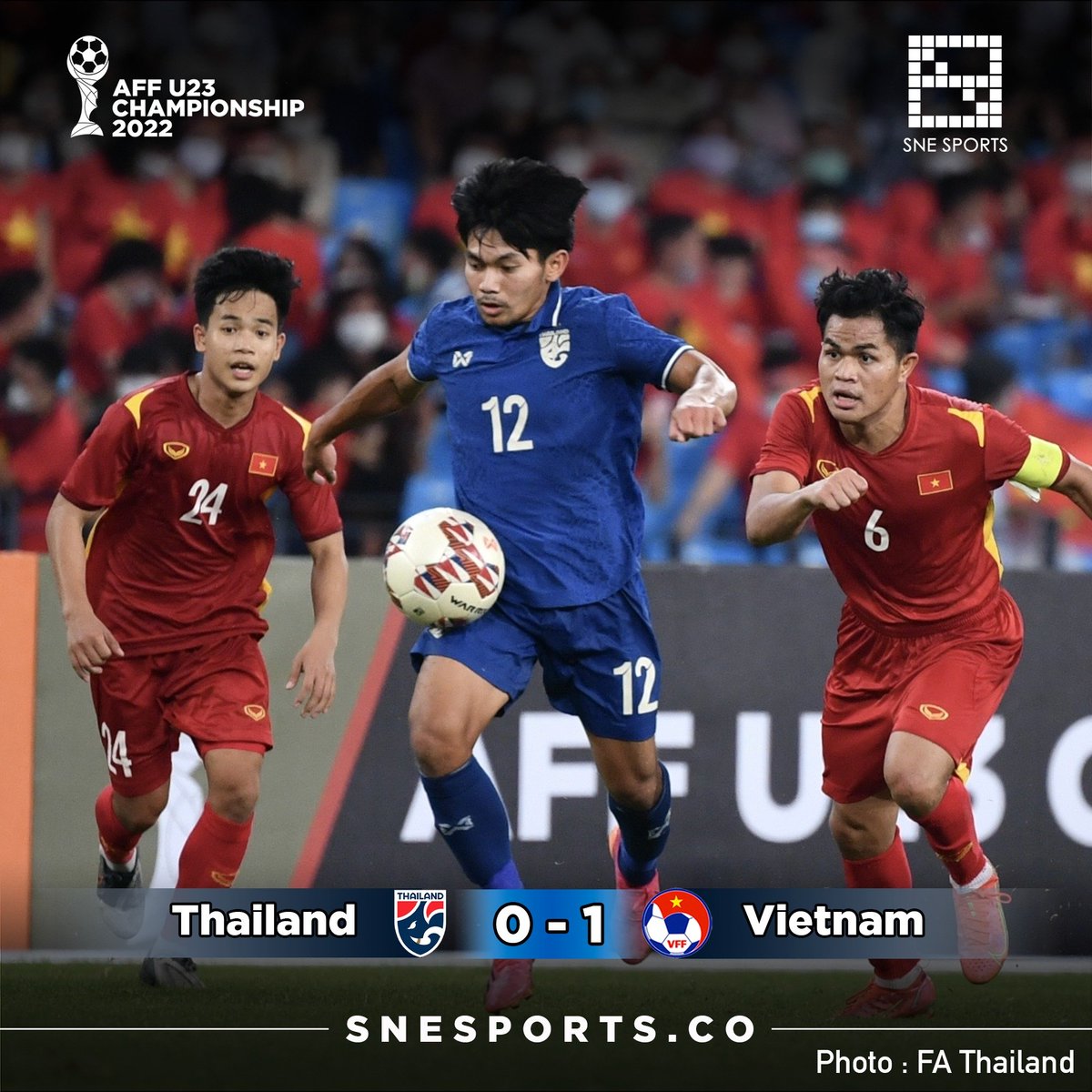 Results of AFF U23 Championship 2022 Final

Thailand 🇹🇭 0-1 Vietnam 🇻🇳

⚽ 45' (VIE 1-0) Tran Bao Toan

📷 : FA Thailand 

Vietnam Champions AFF U23 Championship 2022

Keep follow : snesports.co

#AFFU23 #THAVIE #Thailand #Vietnam
#SNESports