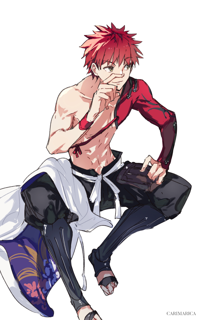 moto (otemoto02), emiya shirou, senji muramasa (fate), fate/grand order,  fate (series), highres, 1boy, bird, cloud, feathers, from side, igote,  light, parted lips, red hair, tassel, toned, toned male, twitter username,  upper body