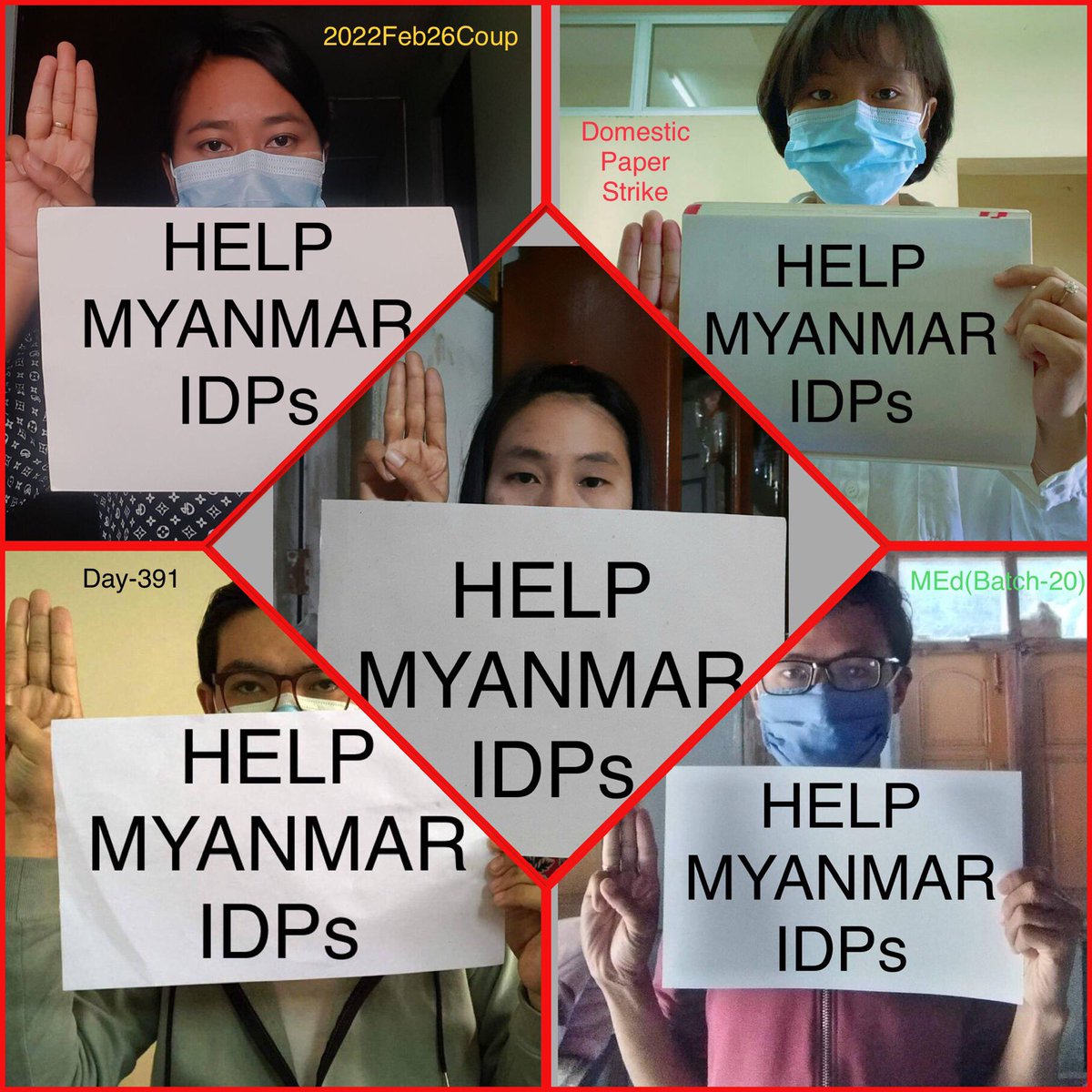 beth_dardar's tweet photo. #HelpMyanmarIDPs 🟥

5 CDMer teachers MEd [Batch-20] from Sagaing University of Education staged an anti-coup domestic strike as 391st day. 🪧

#2022Feb26Coup #WarCrimesOfJunta #WhatsHappeningInMyanmar https://t.co/oCSI8Ffu2I