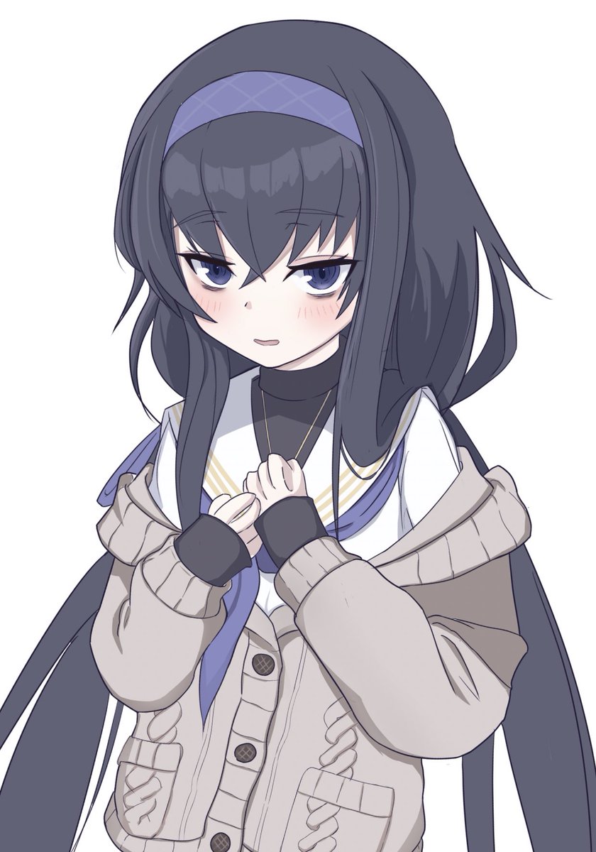 ui (blue archive) 1girl solo long hair black hair bags under eyes hairband simple background  illustration images