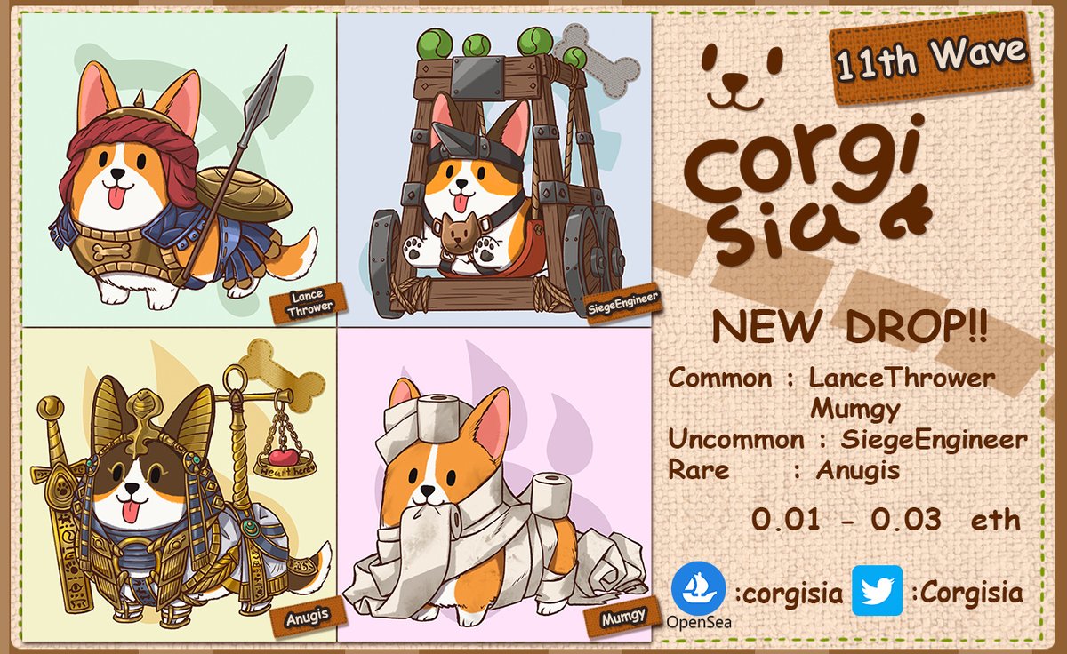 NEW DROP!! Corgisia 11th Wave The world of Corgigie.
Let's get them all!!!
#45 - 48 <a href="/opensea/">OpenSea</a>
The 1st RARE drop : Anugis
🚩🚩opensea.io/collection/cor…🚩🚩

Discord : discord.gg/SVnubpNguZ

#NFTs #nftcollectors #NFTCommmunity #nftart #NFTTHAILAND #NFTdrops