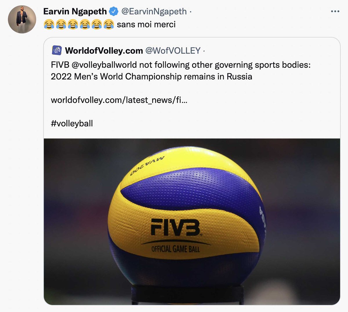 Crisi Russia/Ucraina: La FIVB conferma il mondiale, Ngapeth dice: "Senza di me, grazie". Applausi! by Luca Muzzioli - 
World Championship 2022 in Russia: #sansmoi #withoutme #senzadime #sinmi #bezemnie #безмене #私なしで #没有我 #ohnemich <a href="/EarvinNgapeth/">Earvin Ngapeth</a>

volleyball.it/crisi-russia-u…