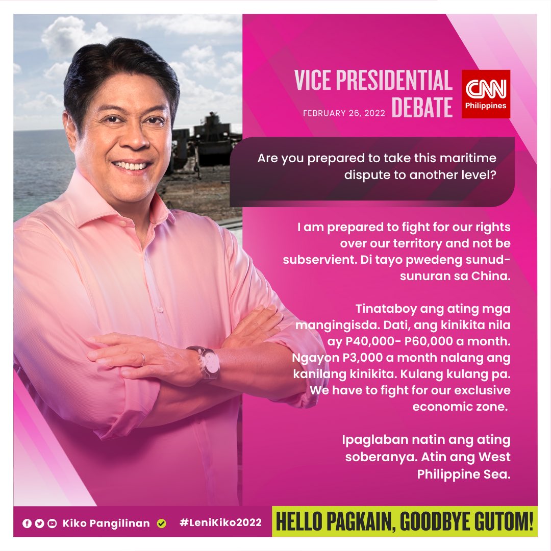 kikopangilinan's tweet photo. I am prepared to fight for our rights over our territory and not be subservient. 

Di tayo pwedeng sunod-sunuran sa China.

#KikoManokKo
#7KikoPangilinanVicePresident 
#CNNPHVPDebate https://t.co/5dReX5YQGw