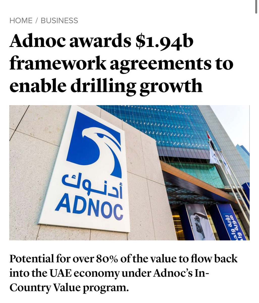 The awards build on Adnoc’s recent record investments in drilling-related equipment and services and support its strategy to boost crude oil production capacity to 5 million barrels per day (mmbpd) by 2030.
LINK : khaleejtimes.com/article/adnoc-…