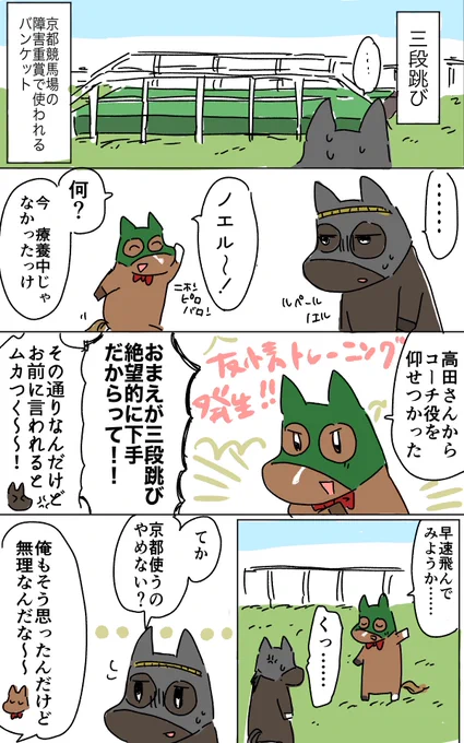 ルペールノエルの三段跳びがあまりにヘタく…だったので漫画にしました障害ジョッキーたちから先生と呼ばれ慕われた名馬でも弱点はあったのね… 