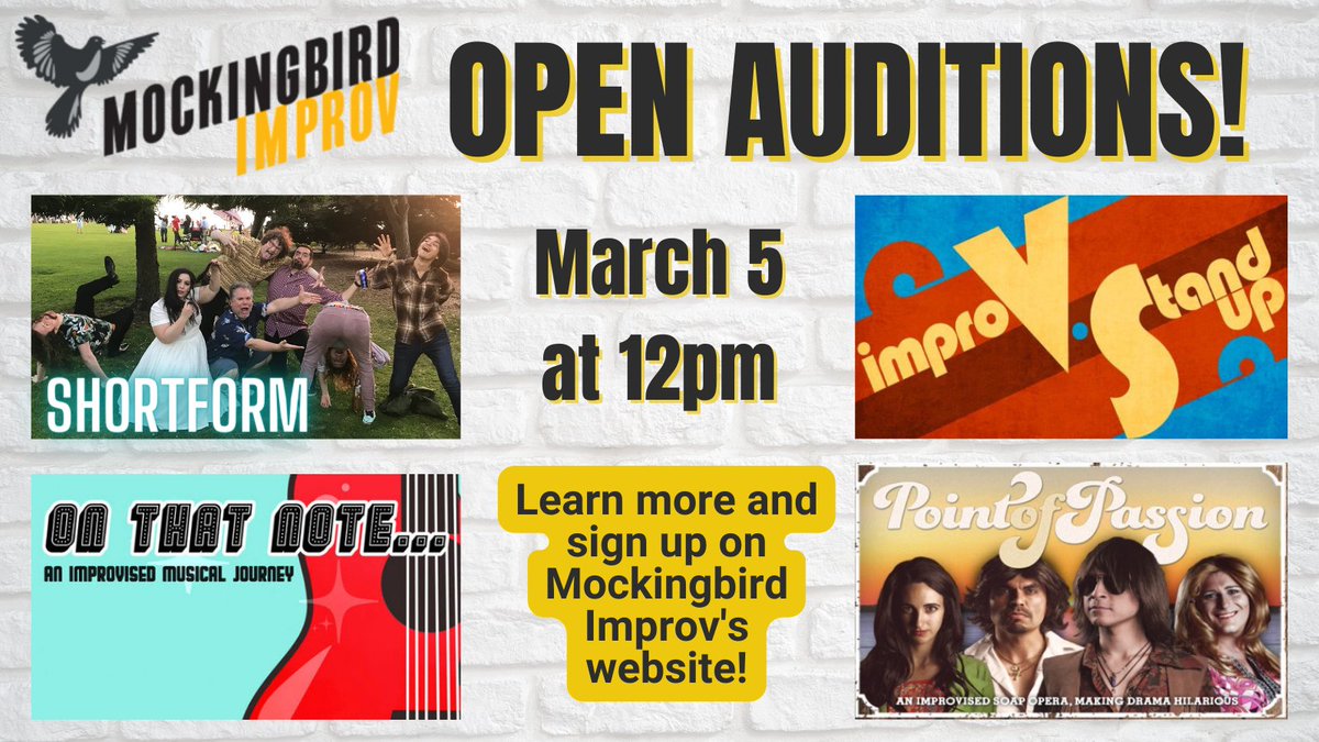 Mockingbirdprov's tweet photo. Want to join Mockingbird Improv? Audition for our house teams! 🎉Open auditions for all of our house teams are Saturday, March 5th. Sign up now: https://t.co/wgWpr7CtX5 https://t.co/sGDvsuNjAU