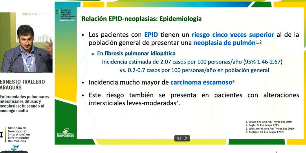 SEReumatologia's tweet photo. #NeumoInt22 "Tabaco, edad avanzada y sexo masculino son factores de riesgo comunes en la relación EPID-neoplasia", advierte el Dr. Ernesto Trallero https://t.co/QHF9kVkRfe