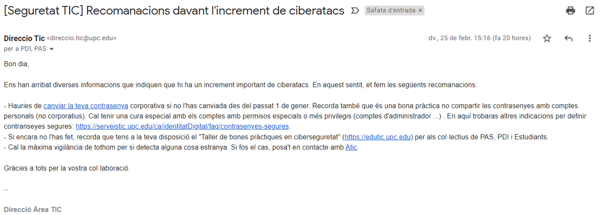 JosepPegueroles's tweet photo. ⚠️Feu cas de les recomanacions de seguretat que rebeu per mail del responsable TIC de la vostra empresa o institució. 📢Tot apunta que l'actual conflicte serà un gran banc de proves de l'efecte de la ciberguerra sobre els altres dominis (terra, mar, aire i espai) 👇 fil https://t.co/hMX6lGRDu1