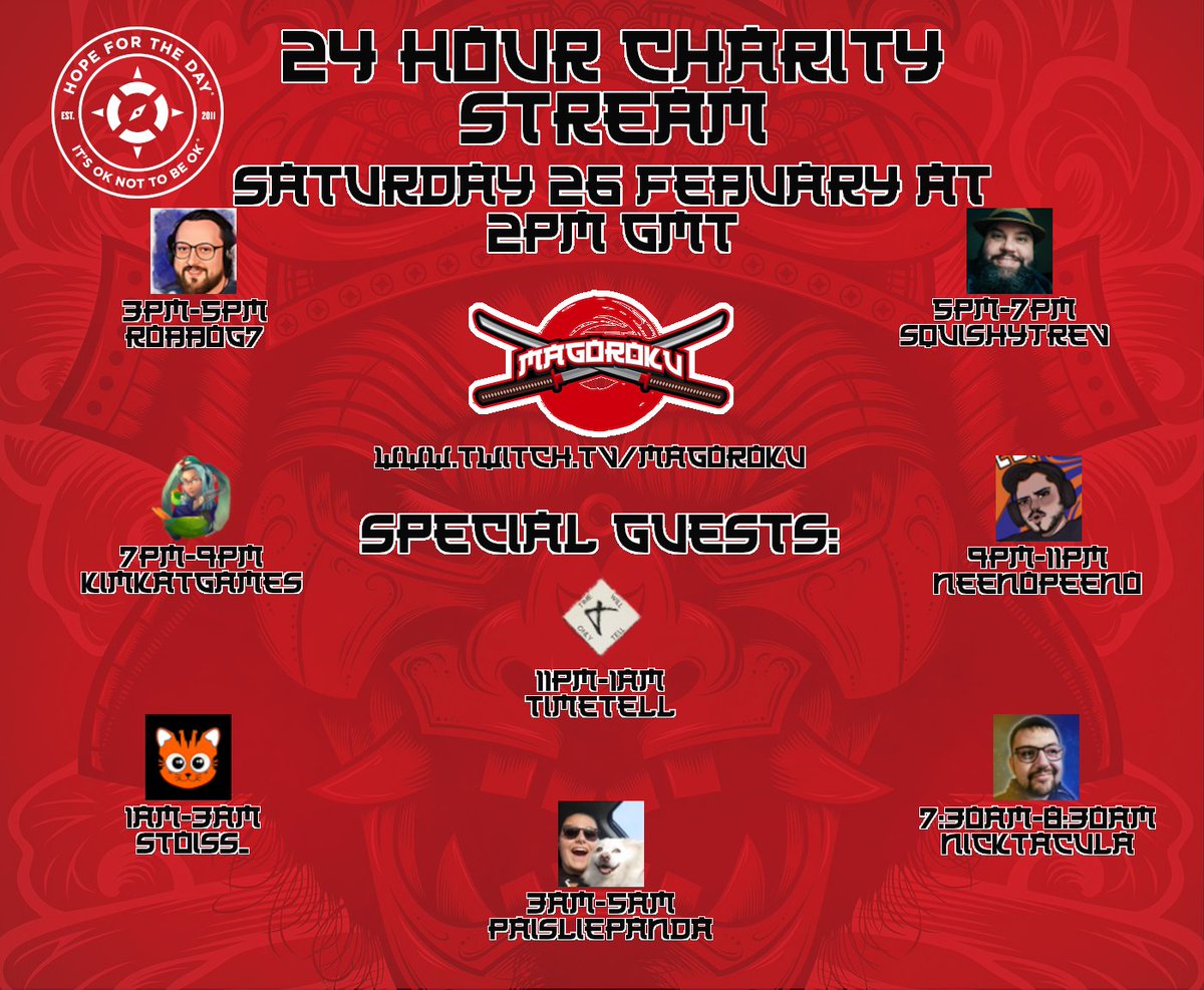 Today is the day!!! 24 HOUR CHARITY STREAM!!! <a href="/HopeForTheDay/">Hope For The Day</a>  <a href="/RobboG_7/">RobboG7</a> @TheSquishyTrev <a href="/KimKatGames/">KimKatGames 🦜</a> <a href="/NeenoPeeno/">NeenoPeeno</a> @TiMeTeLl8 <a href="/Stoiss/">Stoiss</a> <a href="/PaisliePanda/">PaisliePanda</a> <a href="/Nicktacula/">🔥Nicktacula🔥</a>! We will be playing <a href="/KineticGame/">(inactive) Phasmophobia</a> <a href="/TheyDieTomorrow/">They Die Tomorrow - Horror Game on Steam!</a> 
Under 3 hours to go! twitch.tv/magoroku