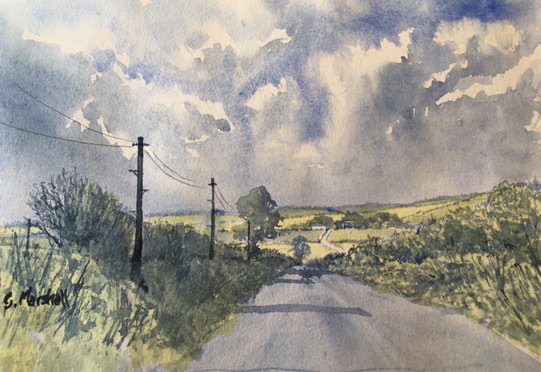 gmarshallartist's tweet photo. A typical #yorkshirewolds road from #Sledmere to #Butterwick with big skies and verdant hedgerows. #Watercolourpainting #art #artistsontwitter https://t.co/z7G3juedIG