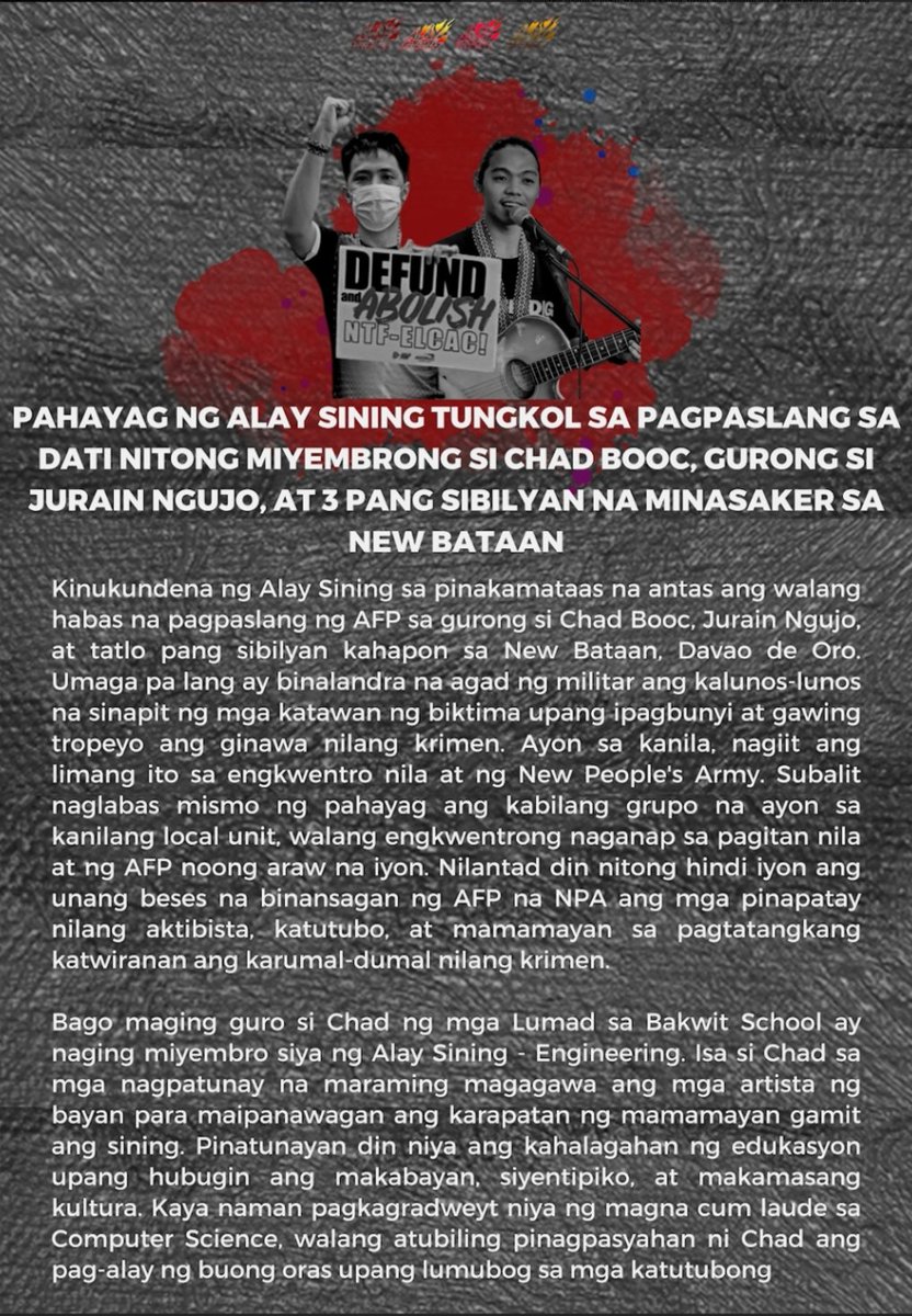 ASGBanawe's tweet photo. HUSTISYA PARA SA NEW BATAAN 5!

Si Chad Booc ay dating miyembro ng Alay Sining habang si Jurain Ngujo ay isa ring guro at musikero. Masahol pa sa hayop ang estadong ito na di lang basta pumatay, kundi pinagbunyi pa ang kalunos-lunos na sinapit ng lima.

#JusticeForNewBataan5 https://t.co/rWGmuN5Wwh