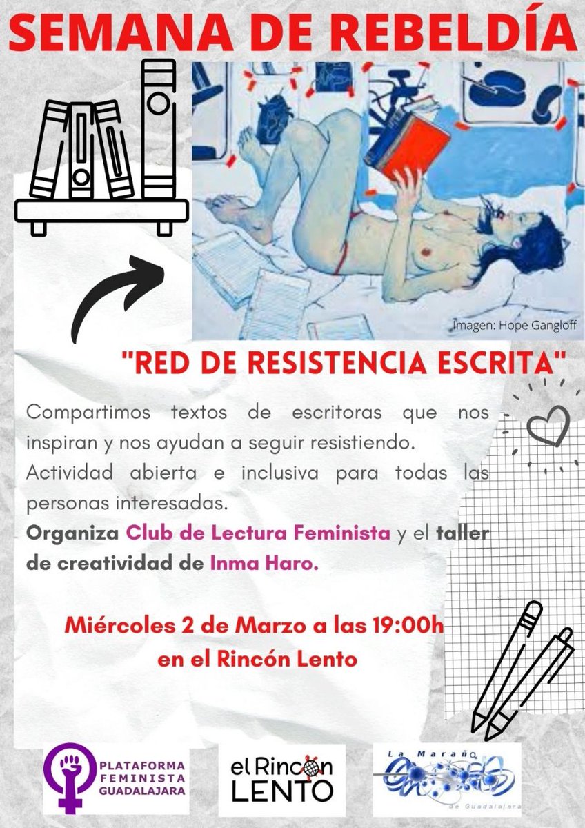 PlatfeministaGu's tweet photo. 📚 "Red de resistencia escrita"

Nuestras compañeras de @ClubLFeminista junto a Inma Haro organizan este taller en el que nos animan a participar llevando y compartiendo textos de mujeres que nos inspiran.

📆2 marzo
🕠19:00h
📍Rincón Lento https://t.co/Xxx6AeYwGo