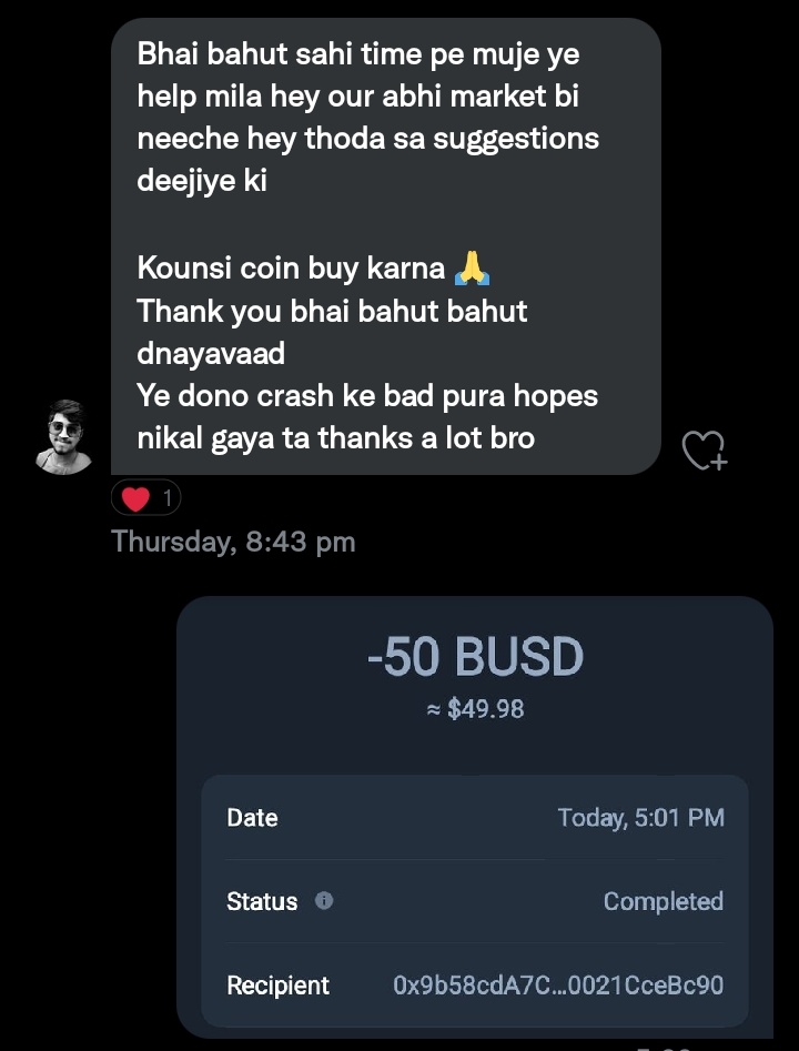 MasterCryptoHq's tweet photo. Sent Another 50$ to @Rocky___crypto &amp; @pruthvikp11 🚀

Drop more busd addresses in comments and retweet pinned post 🔔

#Airdrop #Giveaway #cryptocurrency https://t.co/TTrkdH67FI