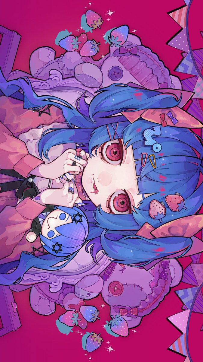 1girl hair ornament blue hair solo bangs red eyes tongue out  illustration images