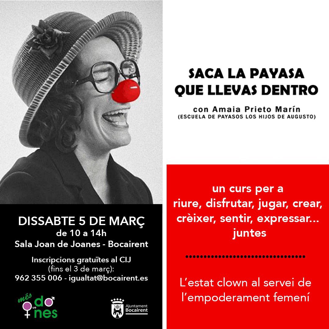 MesqDones's tweet photo. Una proposta diferent per a un dissabte. Com vos trobarieu amb un nas de pallassa? Apunteu-vos i descobrireu la pallassa que portem dins!!😘😘😘 Ens vegem!!! #Bocairent #8M https://t.co/dRbKQSBB2i