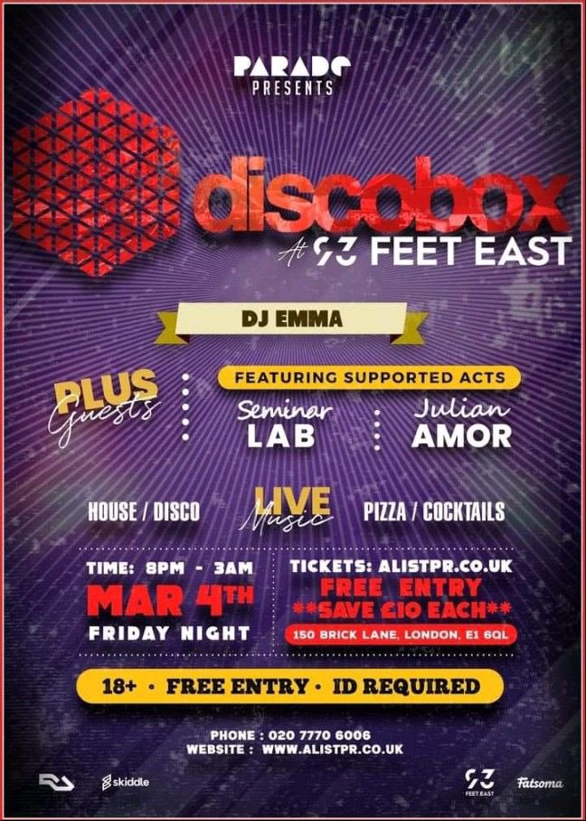 DiscoBox is back in 2022 at 93 Feet East and best thing of all, it's free 🤩 Party mode back on 🥳❤🧡💛💚💙💜
Guestlist Info@AListPR.co.uk #discobox #shoreditch #disco #housemusic #london #party #nightclubs #djs #fun #londonLife