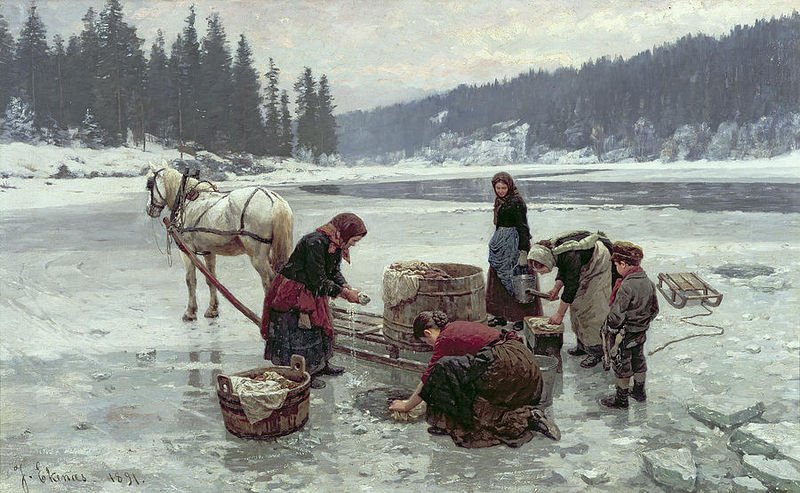 Люди стирают белье. Норвежский художник Jahn Ekenaes (1847-1920) "полоскание белья в реке".