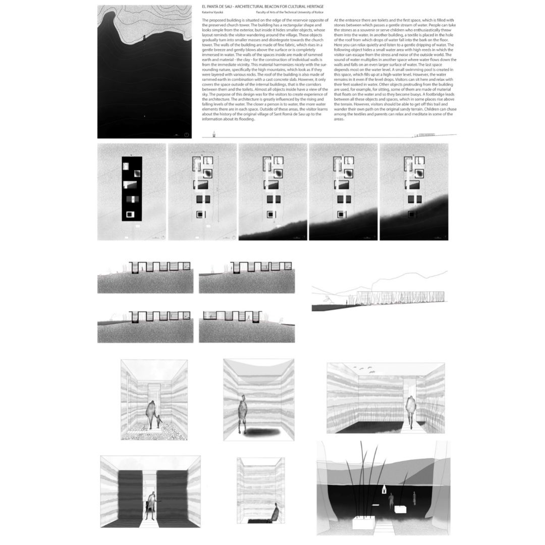 Katarina Vysoka
The proposed building is situated on the edge of the reservoir opposite of the preserved church tower. 

#architecture #architecturestudent