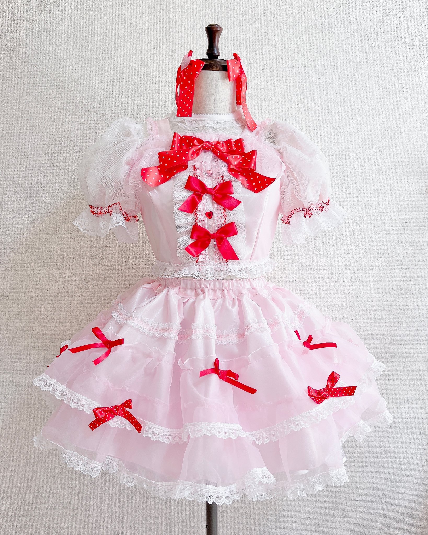 アイドル衣装 ピンクと白のチェック リボンヘアクリップ（アイドル衣装  