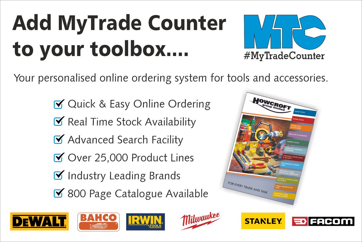 HowcroftGroup's tweet photo. Did you know we have dedicated website and catalogue for tools &amp; accessories?  Its called MyTrade Counter with over 25,000 products from industry leading brands, live stock levels and availability indicators.  Contact us for further details
#HowcroftGroup #tools #powertools https://t.co/rGth2FbiBF