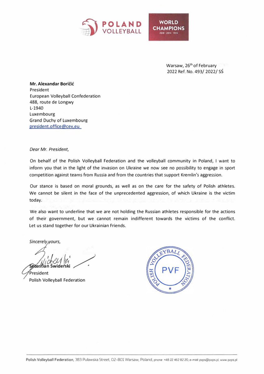 Brawo Polska Siatkówka. „Nie możemy być cicho w trakcie bezprecedensowej agresji, której ofiarą jest Ukraina. LET US STAND TOGETHER FOR OUR UKRAINIAN FRIENDS”. 👏👏👏