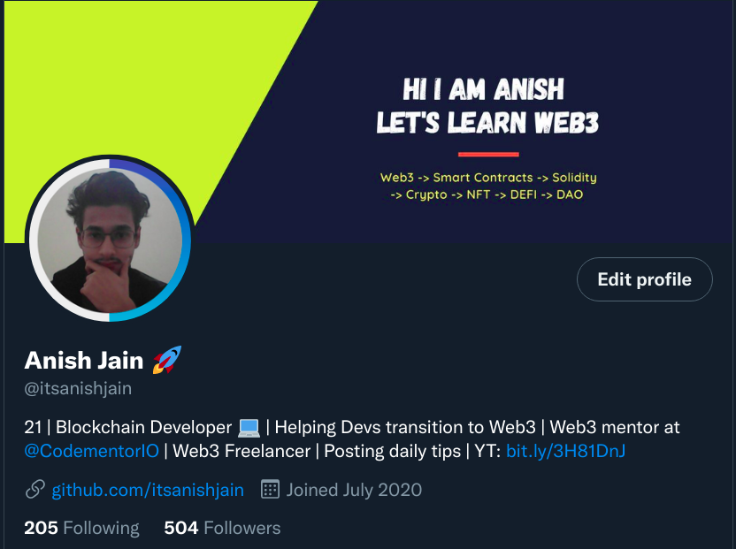 itsanishjain's tweet photo. We are 500 Friends 🎊🚀
Is this real😅

Time for an intro!
I'm Anish, a Blockchain Developer

I tweet around
🔹Blockchain
🔹JS
🔹CSS "sometime"

Twitter growth hack :)

"Be helpful and don't be an asshole " thanks Francesco Ciulla

Introduce yourself below, let's connect! https://t.co/7gZxqo0wWj