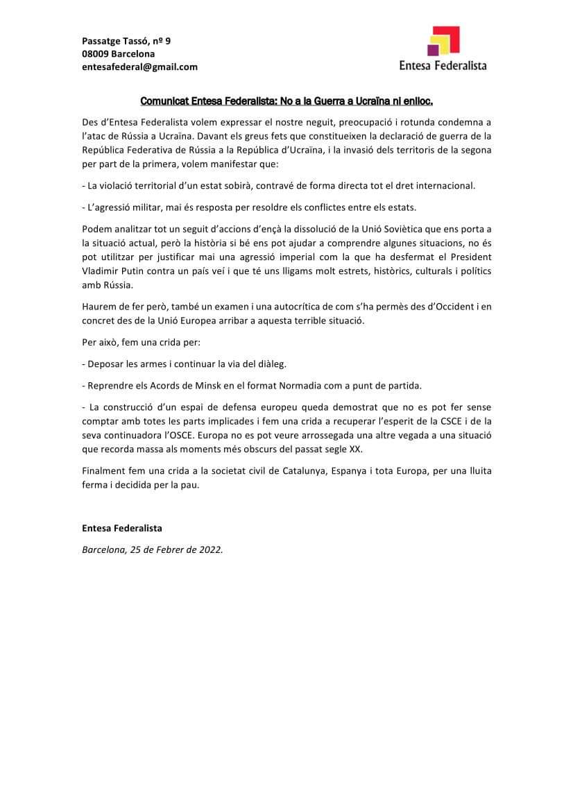 Comunicat de l'associació entorn els fets i la guerra a #Ucraïna

#GuerraRusiaUcrania #Paz