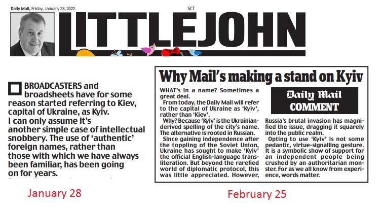 Just to be clear: When broadcasters (esp the BBC) do it, it's woke intellectual snobbery.
When the Mail does it, it's not pedantic virtue-signalling. It's "making a stand".
Actually, Mr Dacre and Mr Verity, what's happening in #Kyiv isn't all about you.