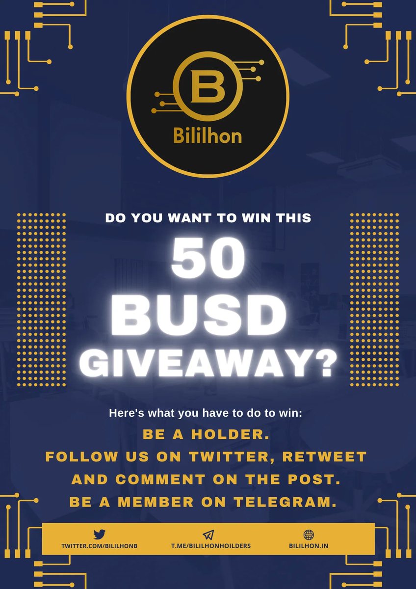 BililhonB's tweet photo. 🔥50 #BUSD Giveaway🔥

🤑To participate:

☑️Hold Bililhon Tokens:
https://t.co/TjBygVVy7q
☑️Like and Retweet.
☑️Comment your wallet
☑️Follow us: @BililhonB
☑️Join our telegram group:
https://t.co/807EusTQIp

💥Giveaway winner will be announced on March 12, 2022💥

🍀Good Luck🍀 https://t.co/bLuZ8hUi57