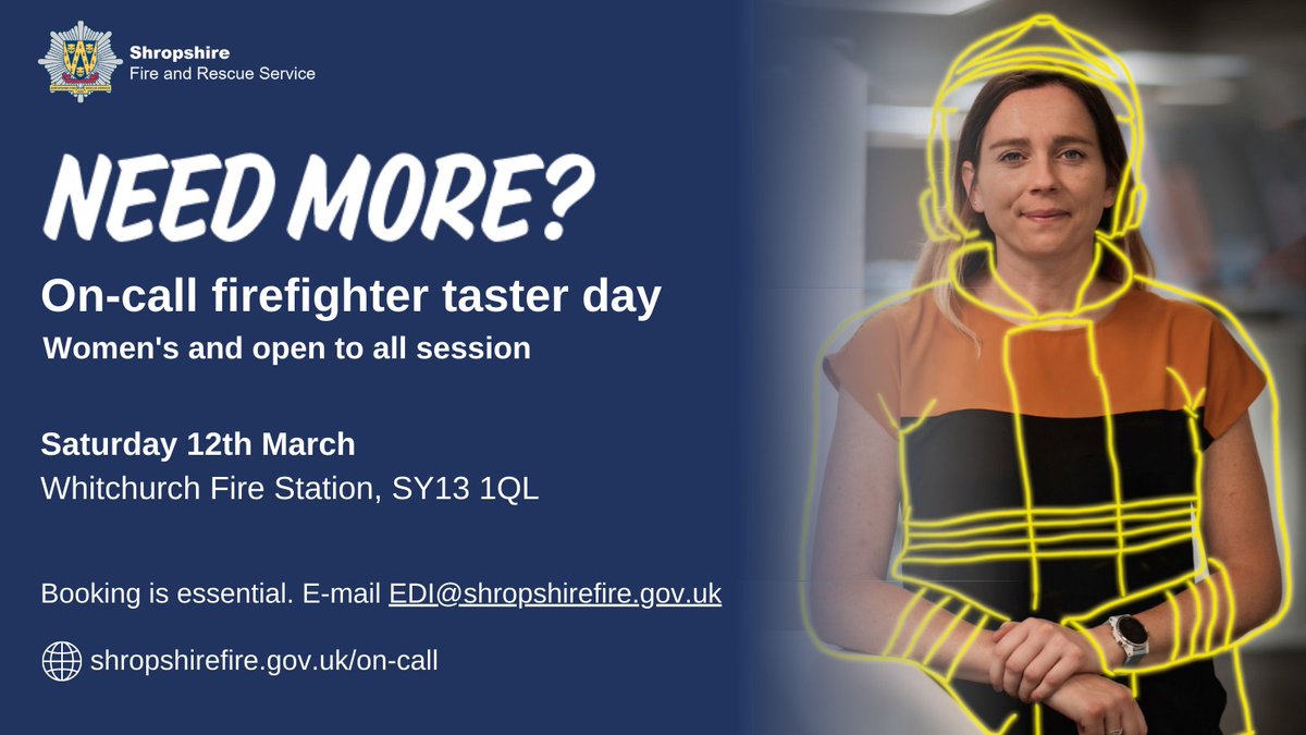 shropsfire's tweet photo. Join us for our women's and open-to-all on-call firefighter taster session - find out what it takes to start this exciting and rewarding career with us.

Booking essential. E-mail EDI@shropshirefire.gov.uk

Want to know more? Visit
🌐 https://t.co/wpmy6HyJ1q

#careers #shropshire https://t.co/MrvckacJXW