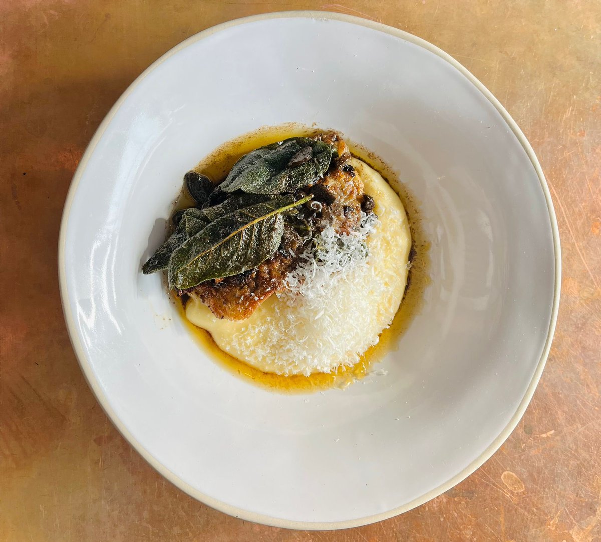 wildflorhove's tweet photo. Be still, our beating hearts! 
Saddlecombe lamb liver, pickled walnut, sage and polenta; a special for our lucky lunch guests today from chef Ali &amp; team. 
Pour me a glass of oloroso, immediately. 

🐑 @CamillaandRoly 

#wildflor #wellcellared #classiccookery https://t.co/G9jJP3DWpL