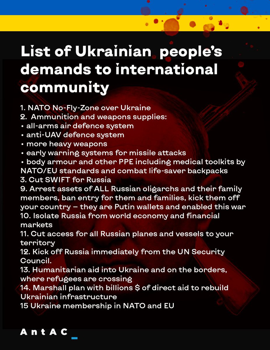 Updated 15 demands from Ukrainian people to all EU and NATO members and to all other countries who want to help. Please share