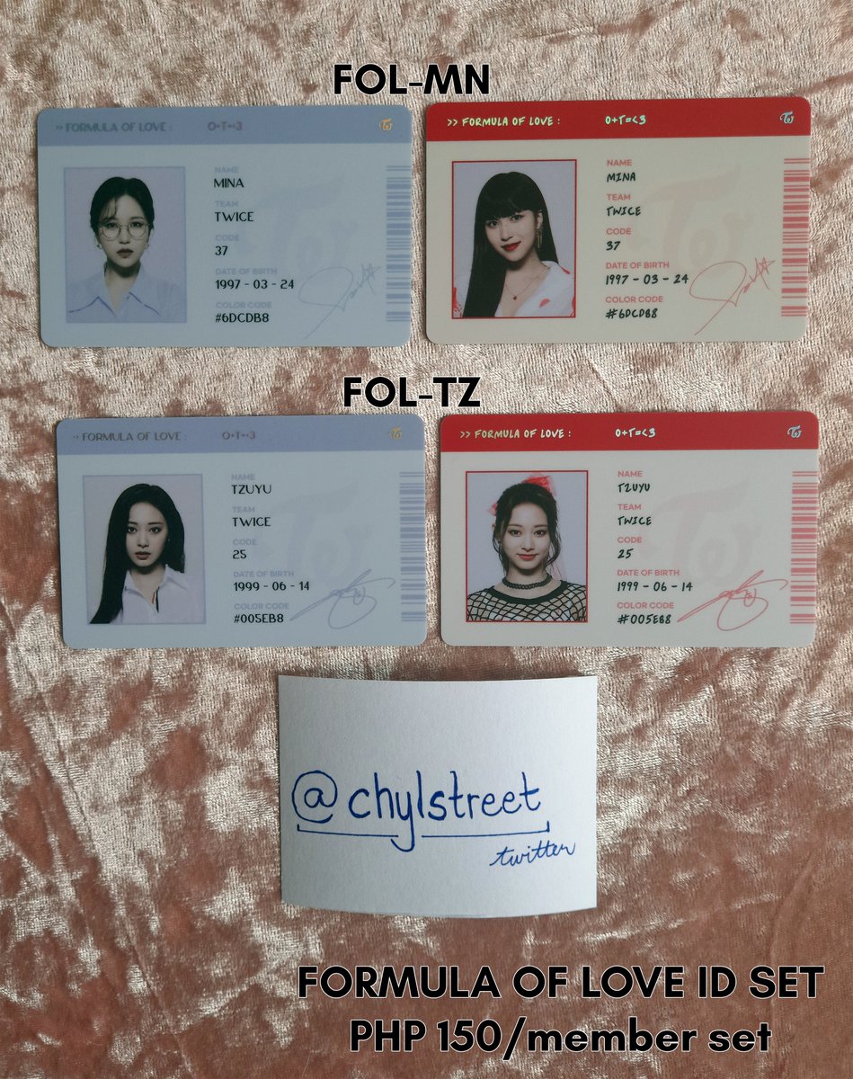 ChylStreet's tweet photo. wts lfb ph

Check Pinned Tweet for terms, payment, and shipping. 
Check photo for price and item code. Reply "mine+code".

Twice Formula of Love Inclusions (Index Photo Paper, ID Card, Scratch Card)

tags: nayeon jeongyeon momo sana jihyo mina dahyun chaeyoung tzuyu https://t.co/R7q31DLWAN