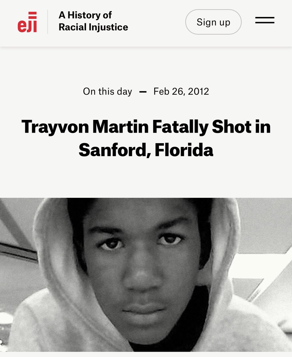 OneInATrilli's tweet image. On This Day in U.S. History 2012:

On the rainy evening of February 26, 2012, 17-year-old Trayvon Martin, a Black boy, was fatally shot in a gated residential community in Sanford, Florida, while walking home from a nearby convenience store. 

calendar.eji.org/racial-injusti…